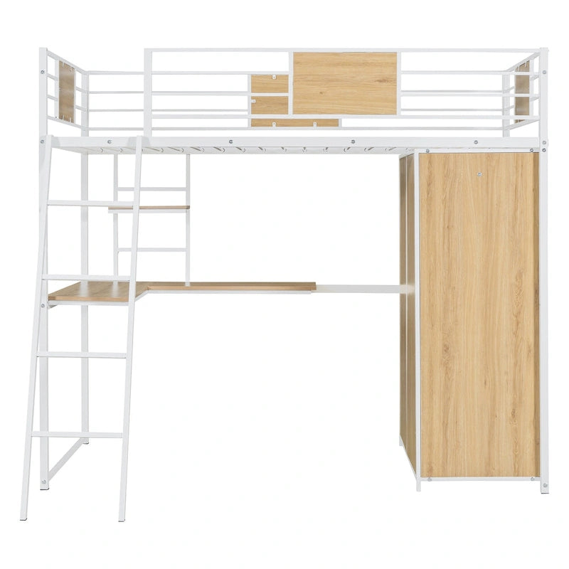 Twin Size Metal Wood Loft Bed with L-shaped Desk and Ladder