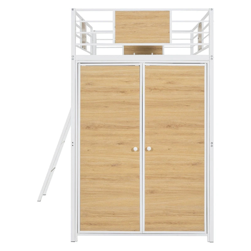 Twin Size Metal Wood Loft Bed with L-shaped Desk and Ladder