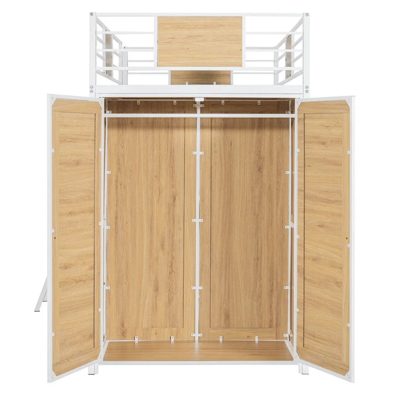 Twin Size Metal Wood Loft Bed with L-shaped Desk and Ladder
