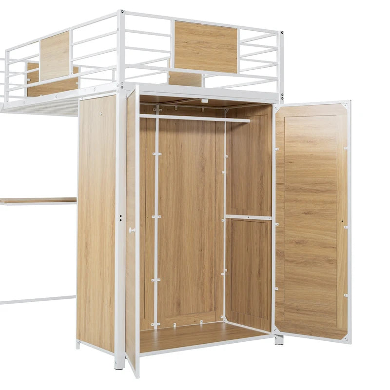Twin Size Metal Wood Loft Bed with L-shaped Desk and Ladder