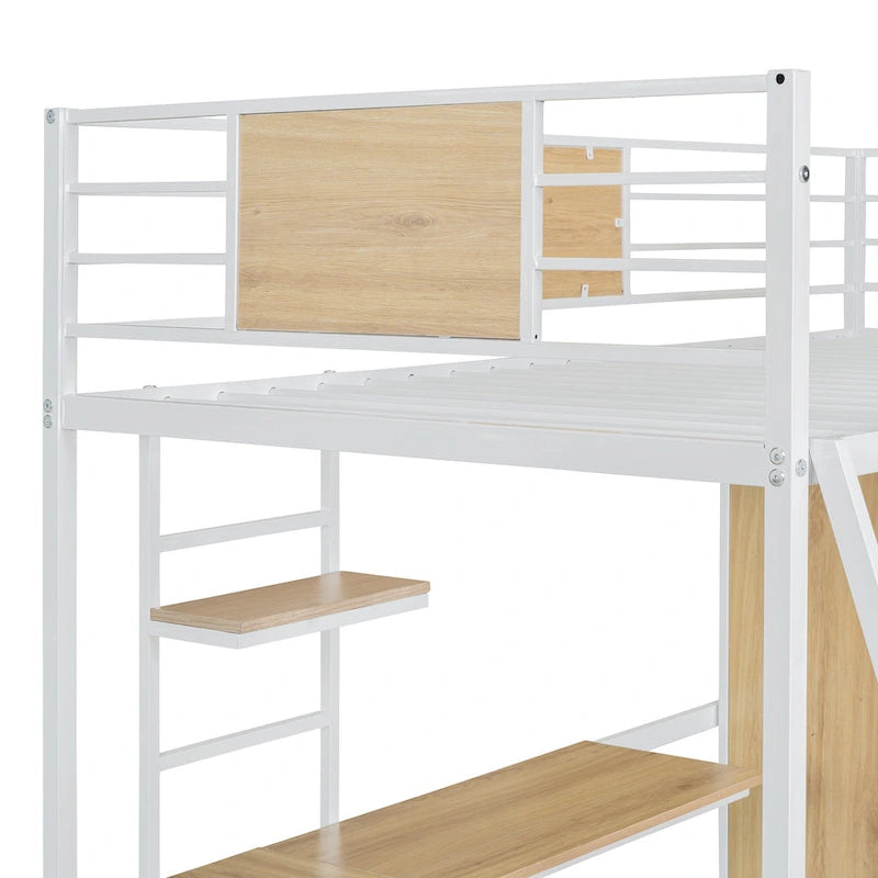 Twin Size Metal Wood Loft Bed with L-shaped Desk and Ladder