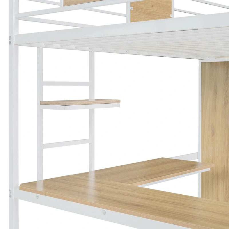 Twin Size Metal Wood Loft Bed with L-shaped Desk and Ladder