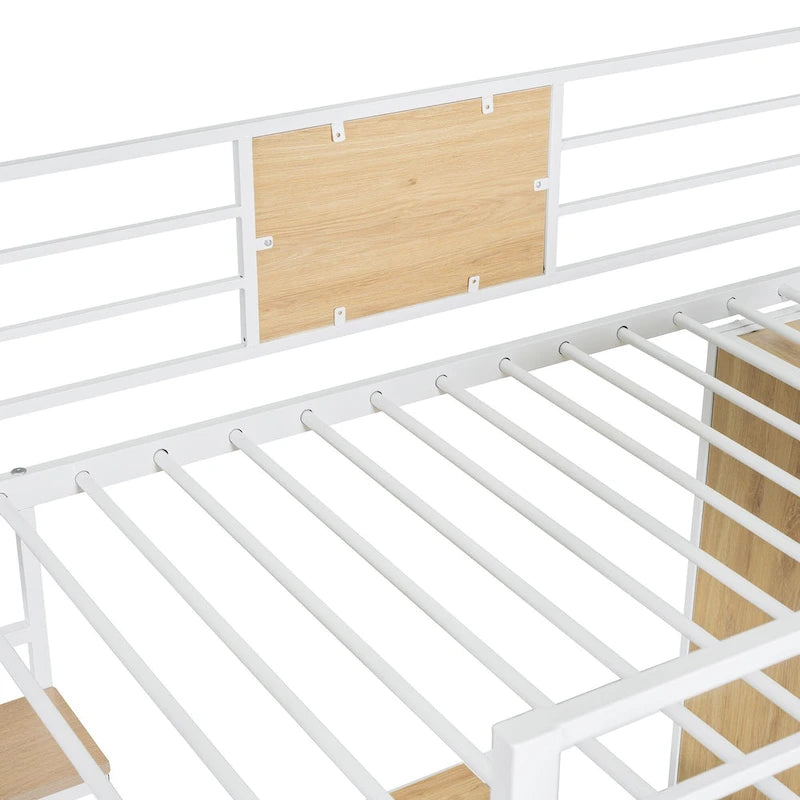 Twin Size Metal Wood Loft Bed with L-shaped Desk and Ladder