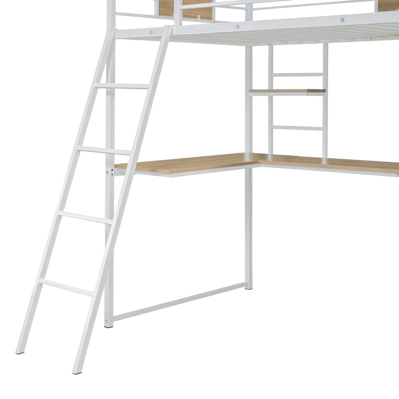 Twin Size Metal Wood Loft Bed with L-shaped Desk and Ladder