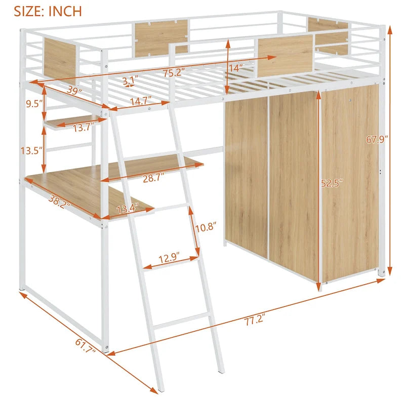 Twin Size Metal Wood Loft Bed with L-shaped Desk and Ladder