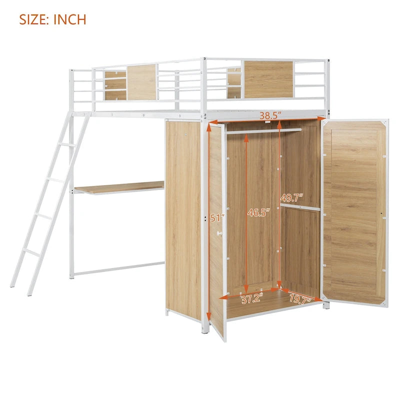 Twin Size Metal Wood Loft Bed with L-shaped Desk and Ladder
