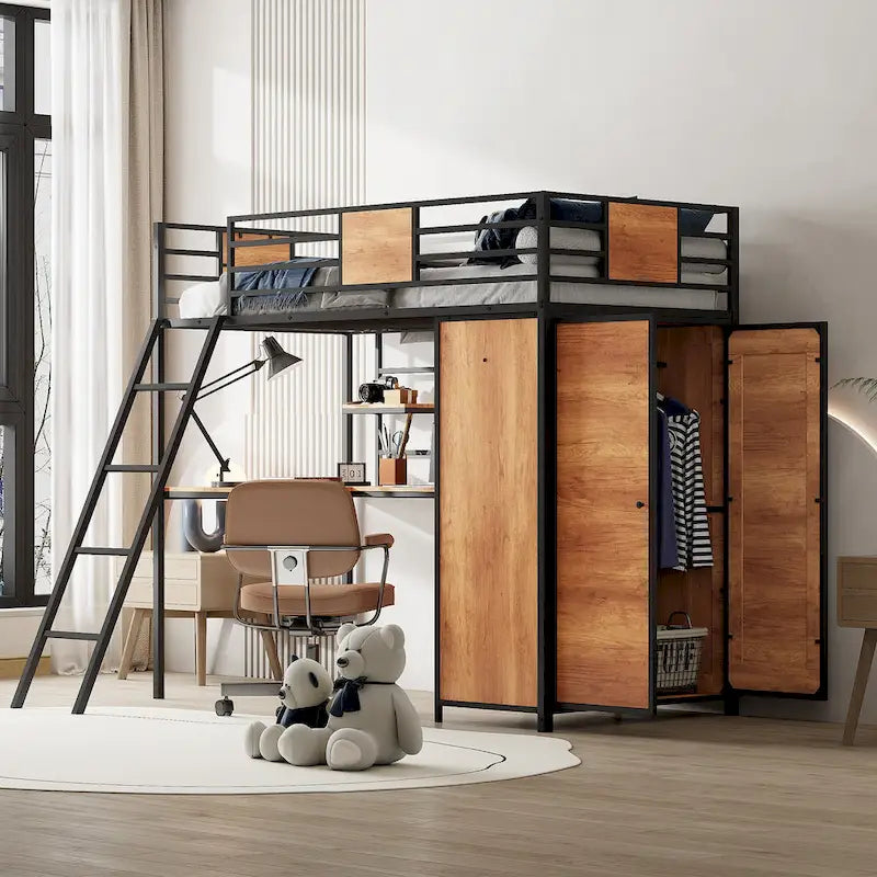 Twin Size Metal Wood Loft Bed with L-shaped Desk and Ladder