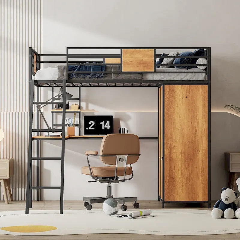 Twin Size Metal Wood Loft Bed with L-shaped Desk and Ladder