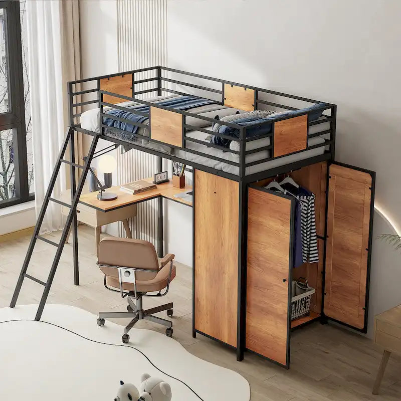 Twin Size Metal Wood Loft Bed with L-shaped Desk and Ladder