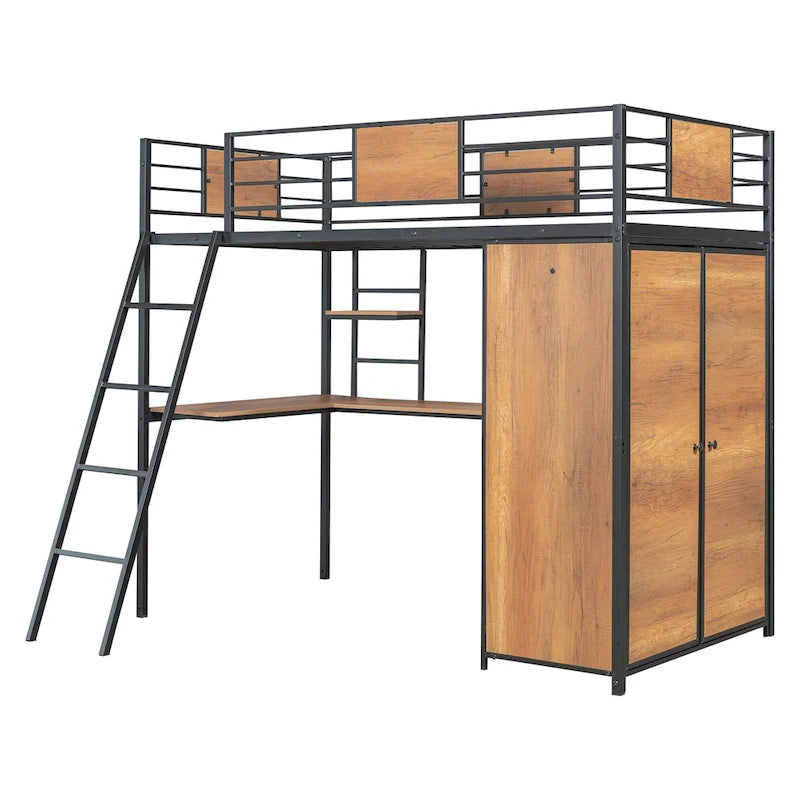 Twin Size Metal Wood Loft Bed with L-shaped Desk and Ladder