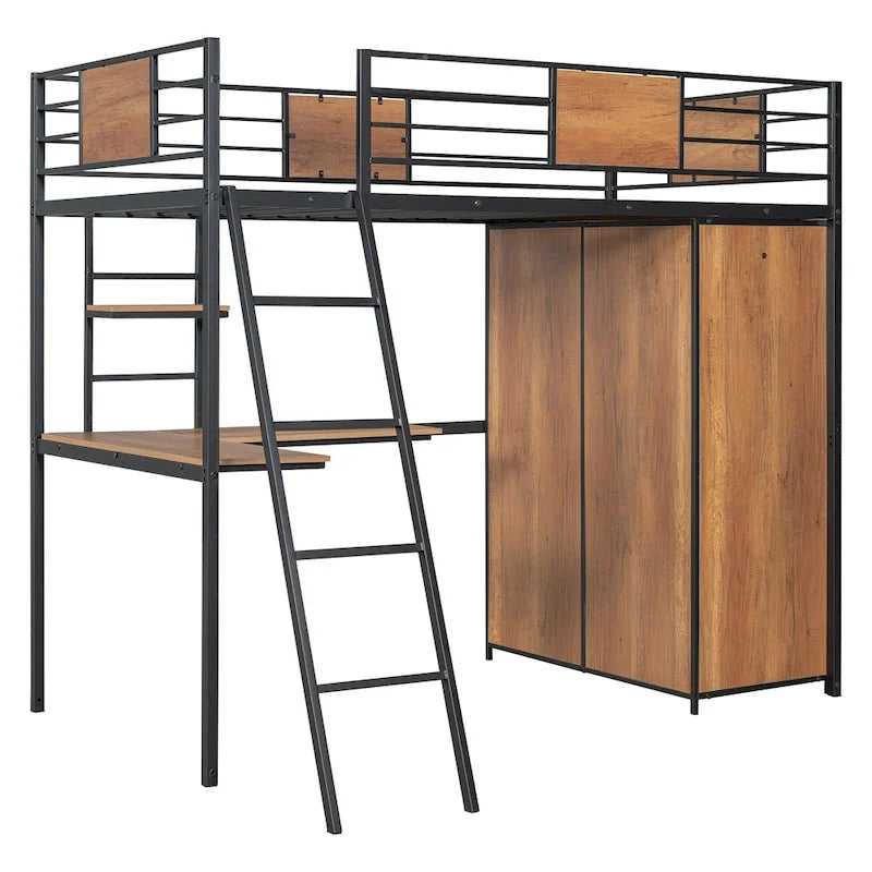 Twin Size Metal Wood Loft Bed with L-shaped Desk and Ladder