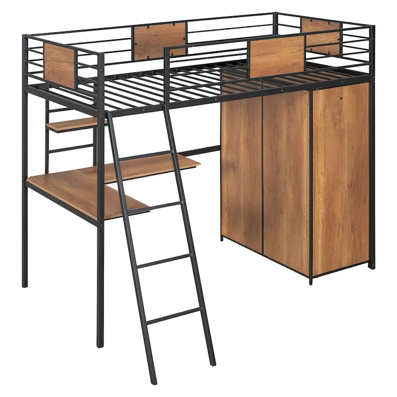 Twin Size Metal Wood Loft Bed with L-shaped Desk and Ladder