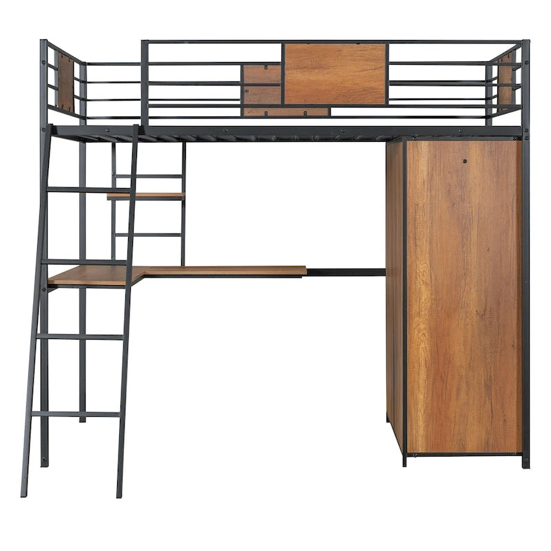 Twin Size Metal Wood Loft Bed with L-shaped Desk and Ladder