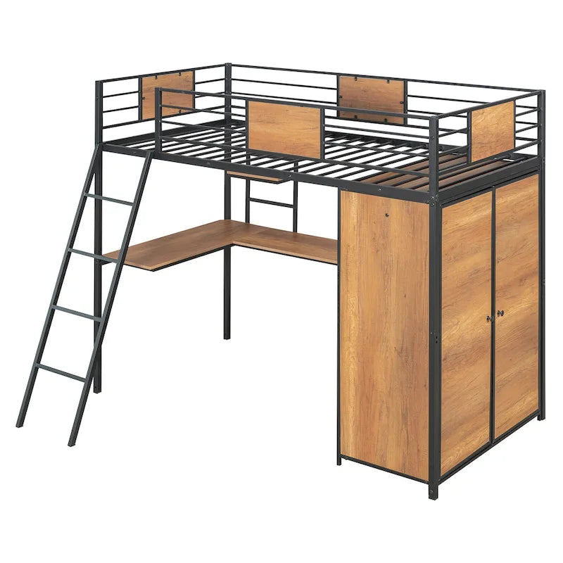 Twin Size Metal Wood Loft Bed with L-shaped Desk and Ladder