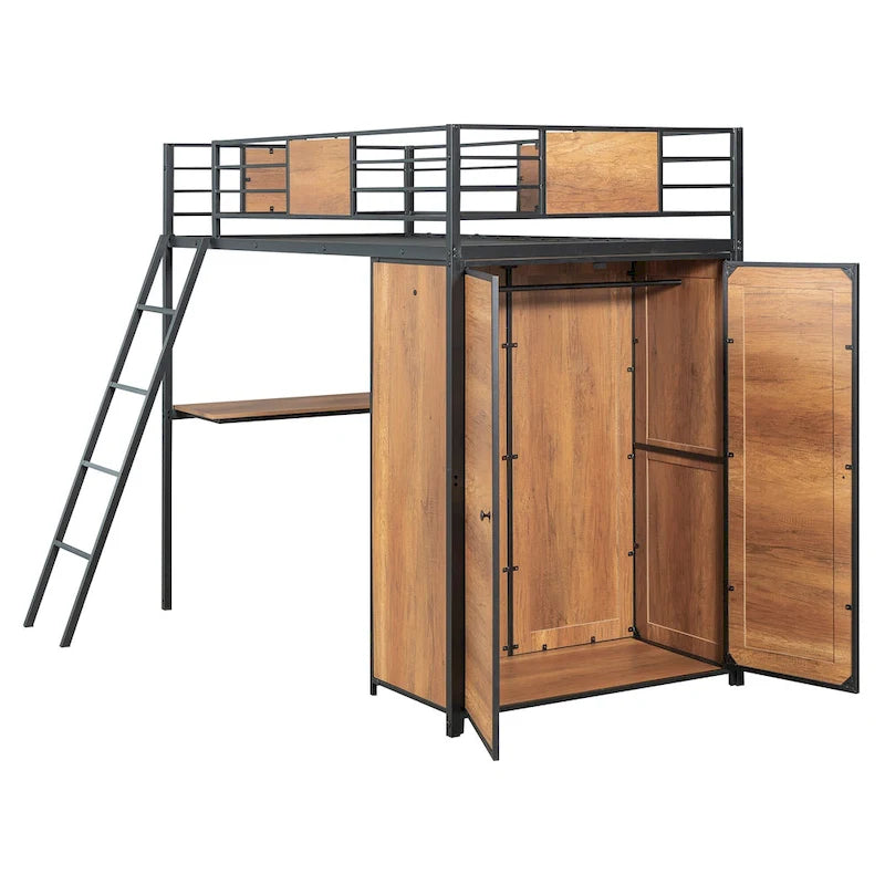 Twin Size Metal Wood Loft Bed with L-shaped Desk and Ladder