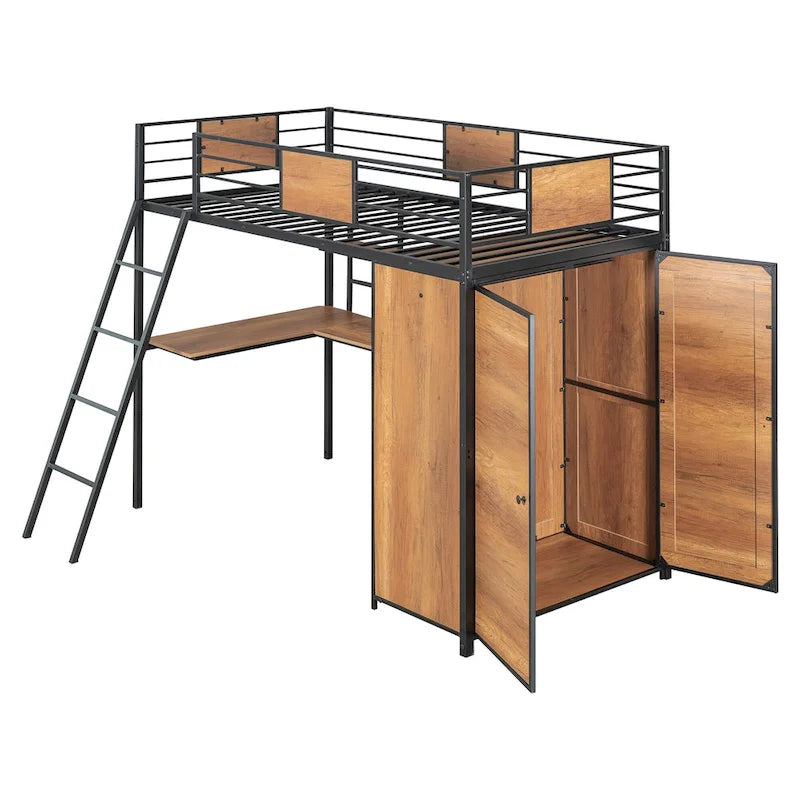 Twin Size Metal Wood Loft Bed with L-shaped Desk and Ladder