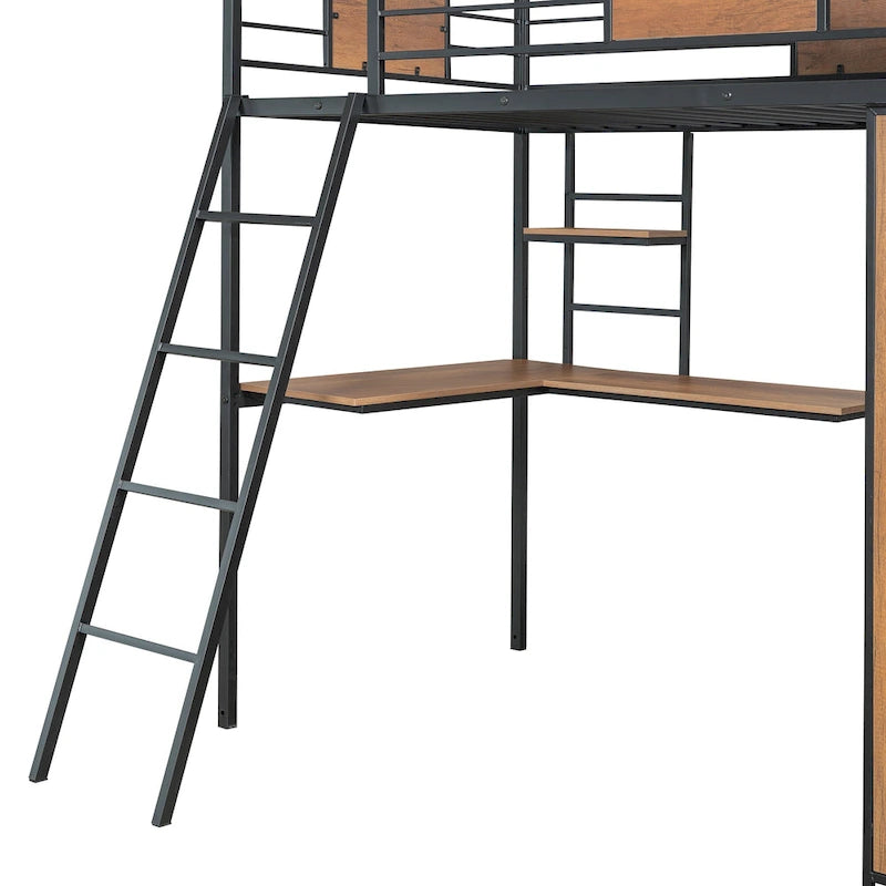 Twin Size Metal Wood Loft Bed with L-shaped Desk and Ladder