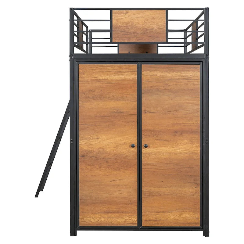 Twin Size Metal Wood Loft Bed with L-shaped Desk and Ladder