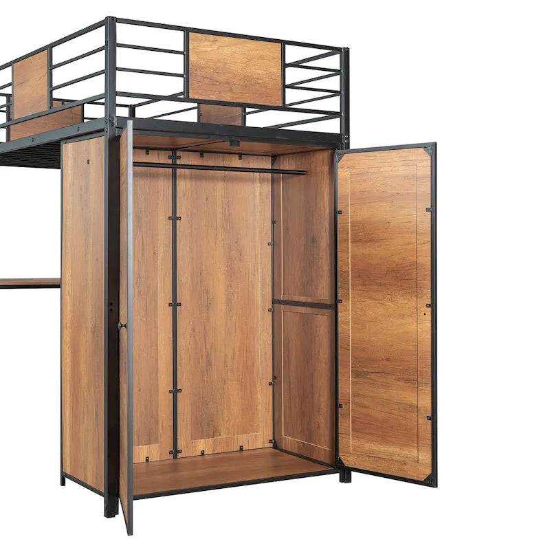 Twin Size Metal Wood Loft Bed with L-shaped Desk and Ladder