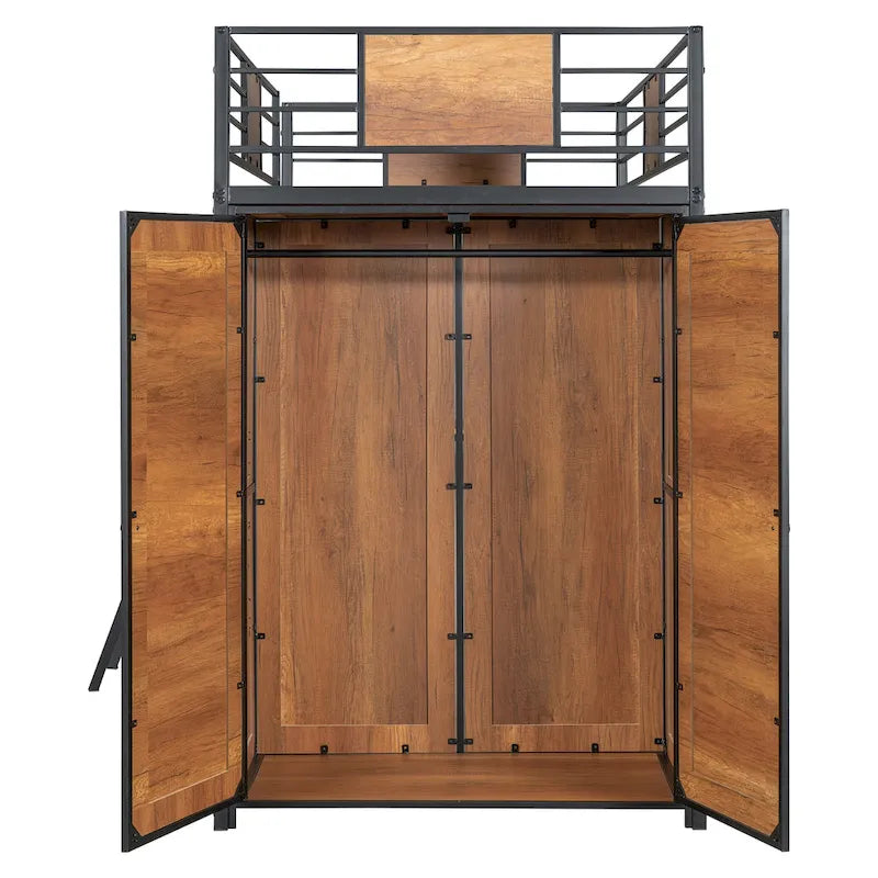 Twin Size Metal Wood Loft Bed with L-shaped Desk and Ladder