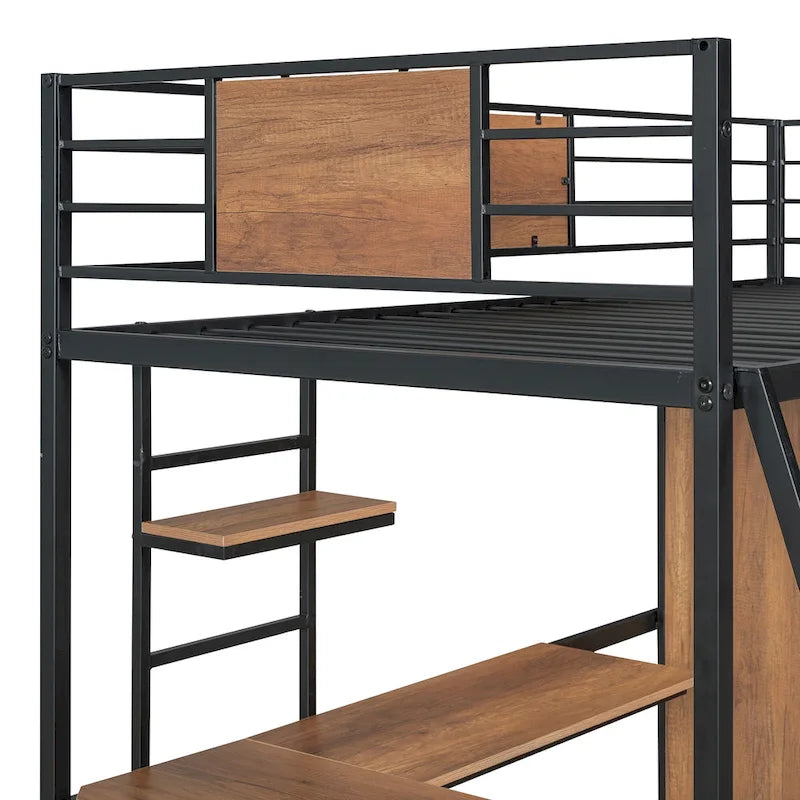 Twin Size Metal Wood Loft Bed with L-shaped Desk and Ladder