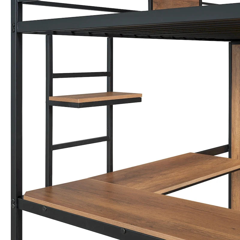 Twin Size Metal Wood Loft Bed with L-shaped Desk and Ladder