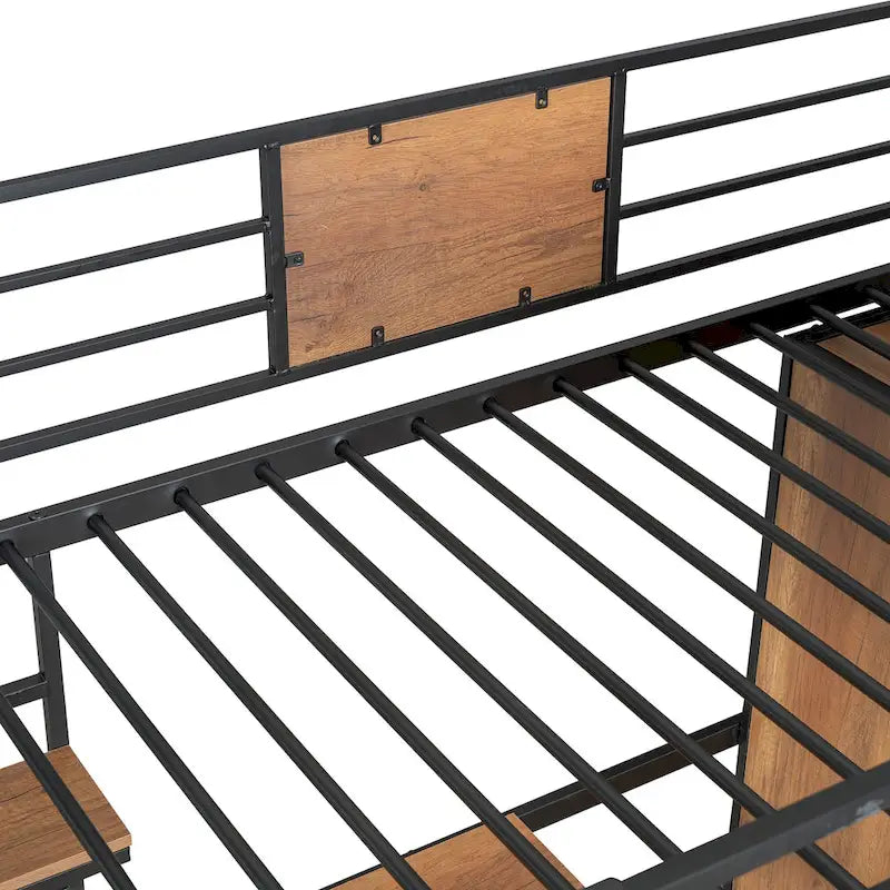 Twin Size Metal Wood Loft Bed with L-shaped Desk and Ladder