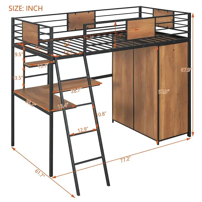 Twin Size Metal Wood Loft Bed with L-shaped Desk and Ladder