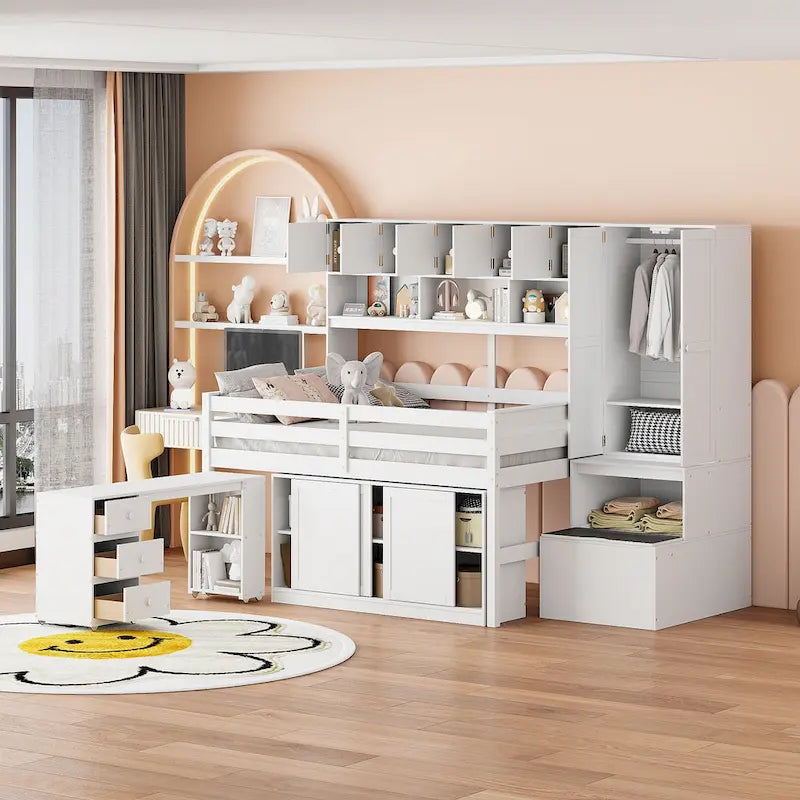 White Full Size Wooden Loft Bed with Integrated Wardrobe and Under-bed Desk