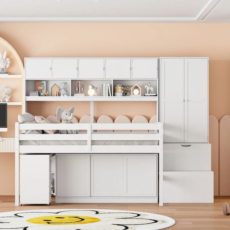 White Full Size Wooden Loft Bed with Integrated Wardrobe and Under-bed Desk