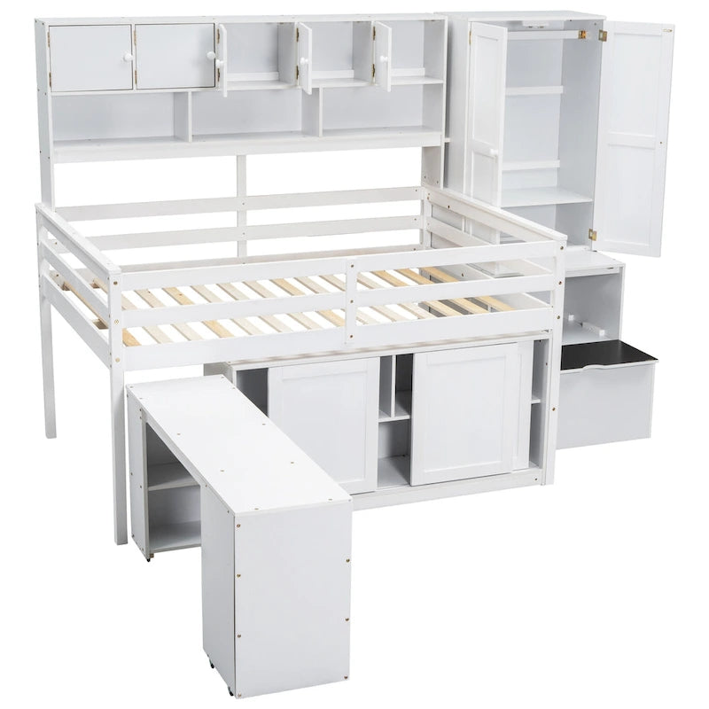 White Full Size Wooden Loft Bed with Integrated Wardrobe and Under-bed Desk