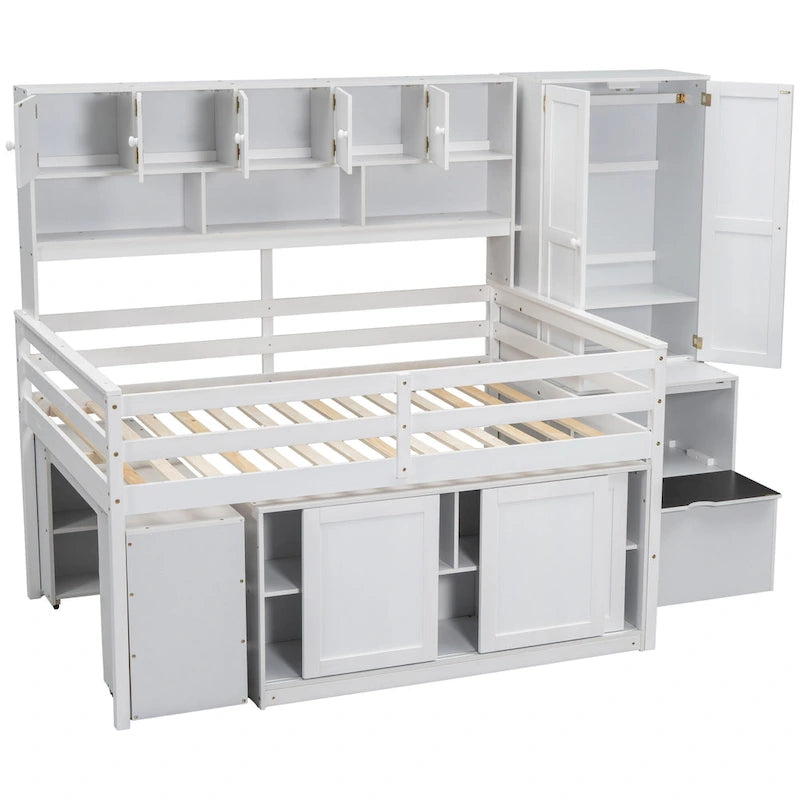 White Full Size Wooden Loft Bed with Integrated Wardrobe and Under-bed Desk
