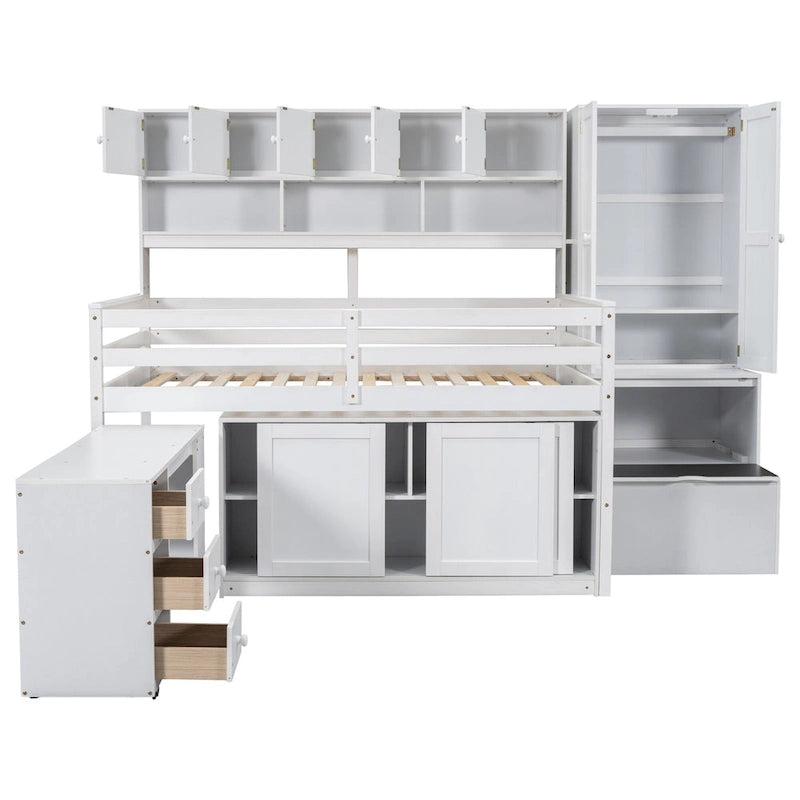 White Full Size Wooden Loft Bed with Integrated Wardrobe and Under-bed Desk