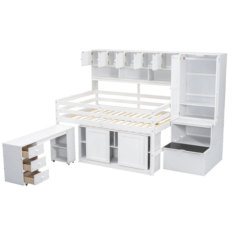 White Full Size Wooden Loft Bed with Integrated Wardrobe and Under-bed Desk