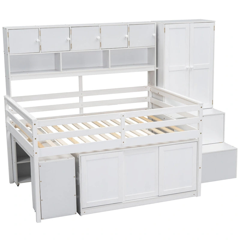 White Full Size Wooden Loft Bed with Integrated Wardrobe and Under-bed Desk