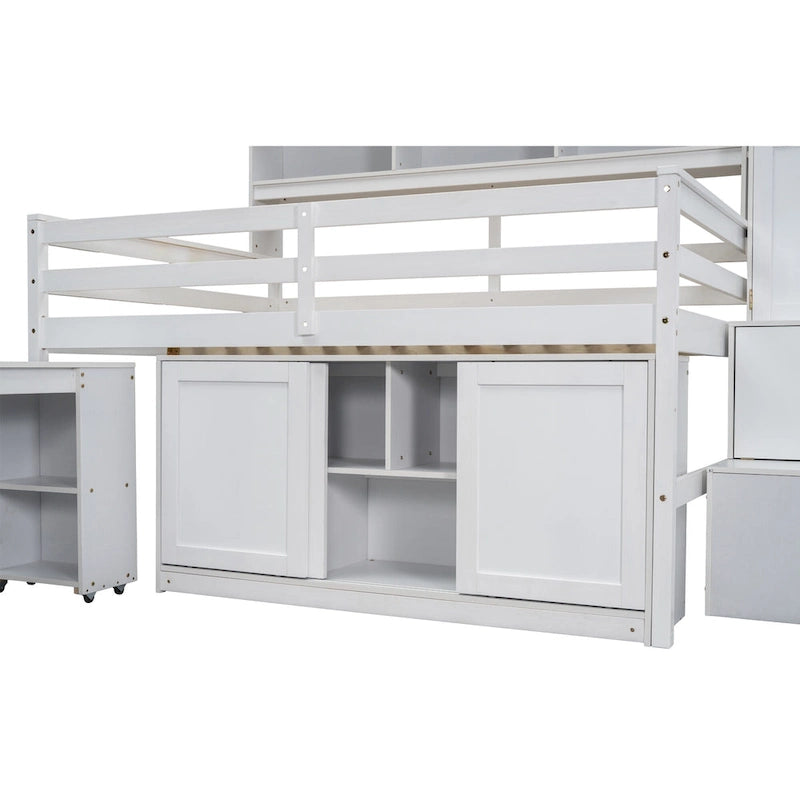 White Full Size Wooden Loft Bed with Integrated Wardrobe and Under-bed Desk
