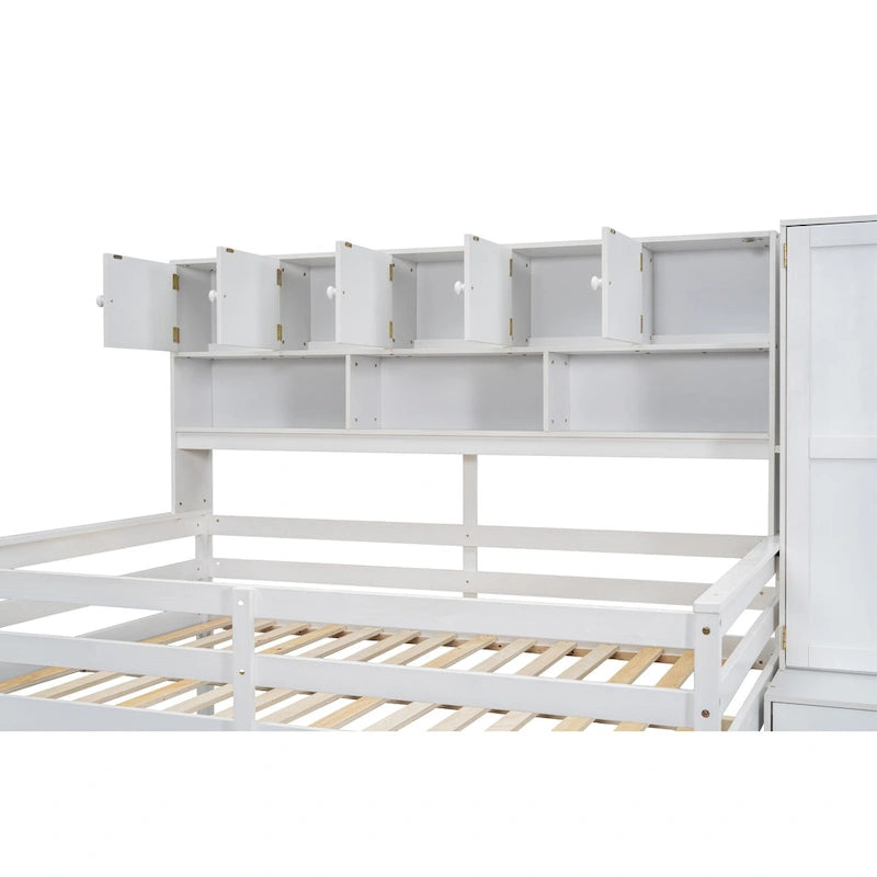 White Full Size Wooden Loft Bed with Integrated Wardrobe and Under-bed Desk
