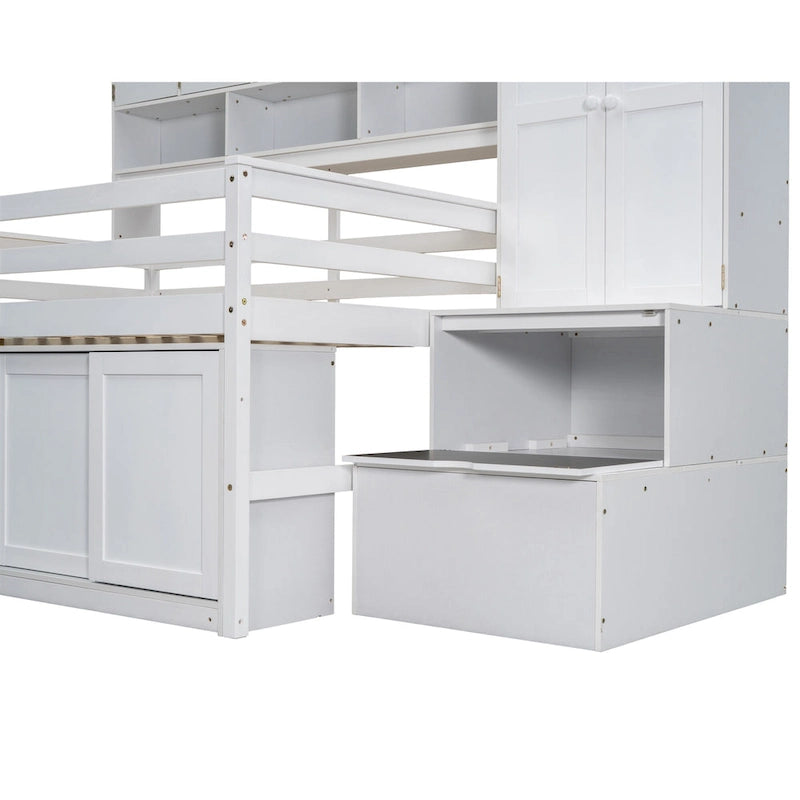 White Full Size Wooden Loft Bed with Integrated Wardrobe and Under-bed Desk