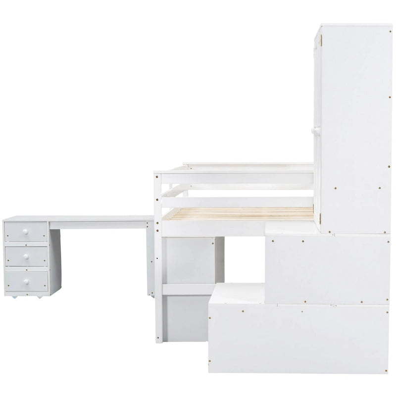 White Full Size Wooden Loft Bed with Integrated Wardrobe and Under-bed Desk