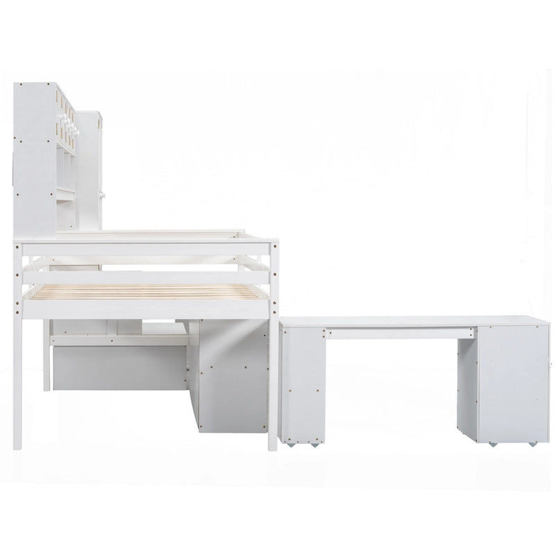White Full Size Wooden Loft Bed with Integrated Wardrobe and Under-bed Desk