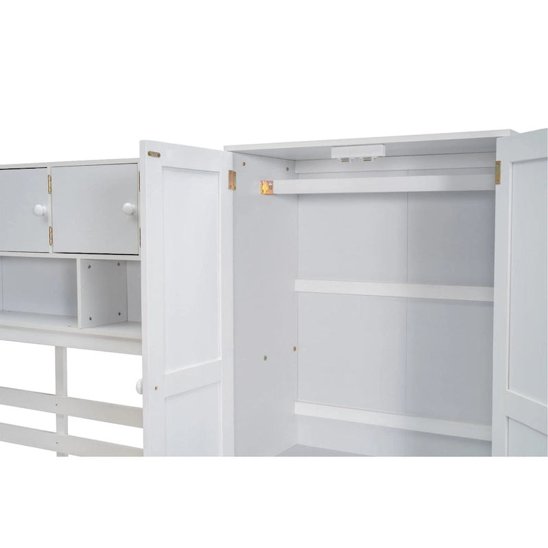White Full Size Wooden Loft Bed with Integrated Wardrobe and Under-bed Desk