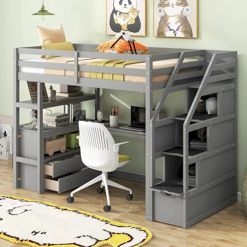 Twin Pine Loft Bed with Desk, Shelves, Staircase and Drawers