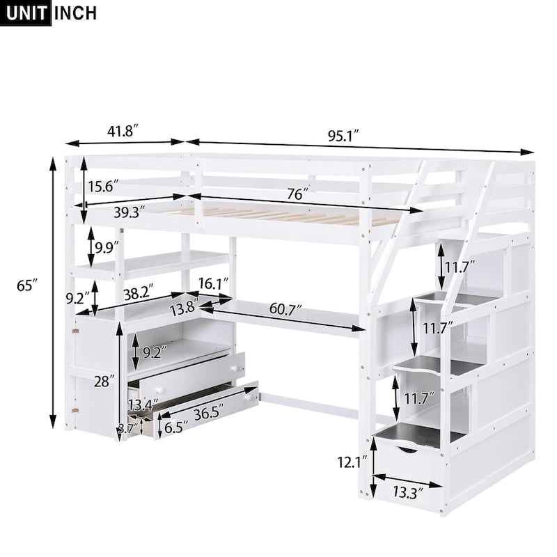 Twin Pine Loft Bed with Desk and Storage
