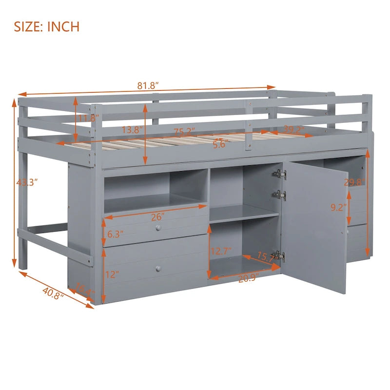 Gray Twin Solid Wood Loft Bed with Drawers & Cabinet
