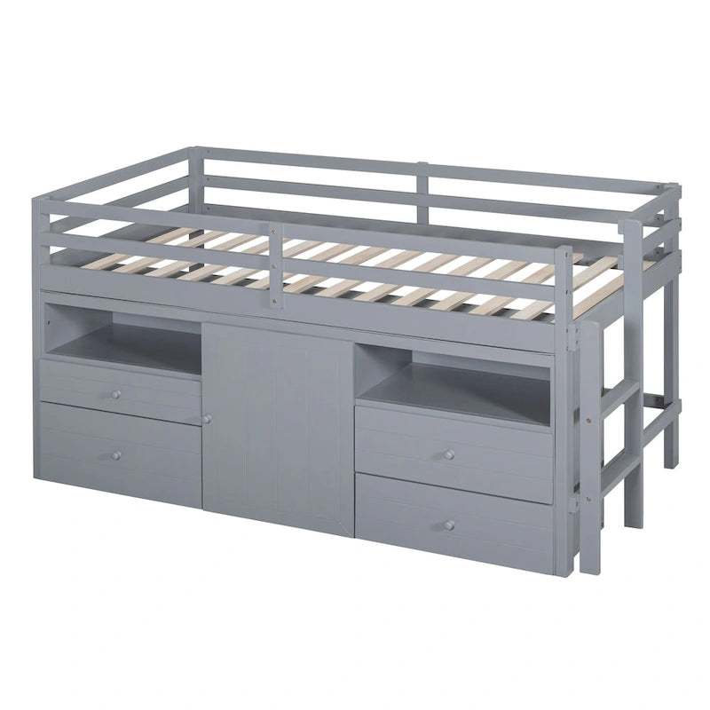 Gray Twin Solid Wood Loft Bed with Drawers & Cabinet