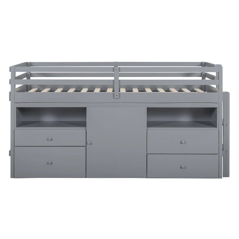 Gray Twin Solid Wood Loft Bed with Drawers & Cabinet