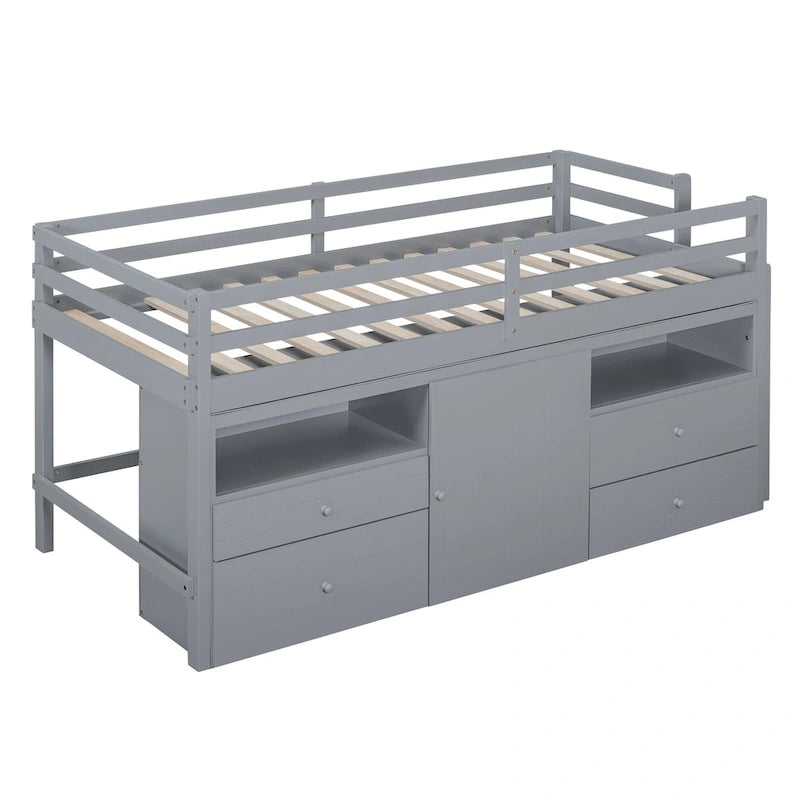 Gray Twin Solid Wood Loft Bed with Drawers & Cabinet