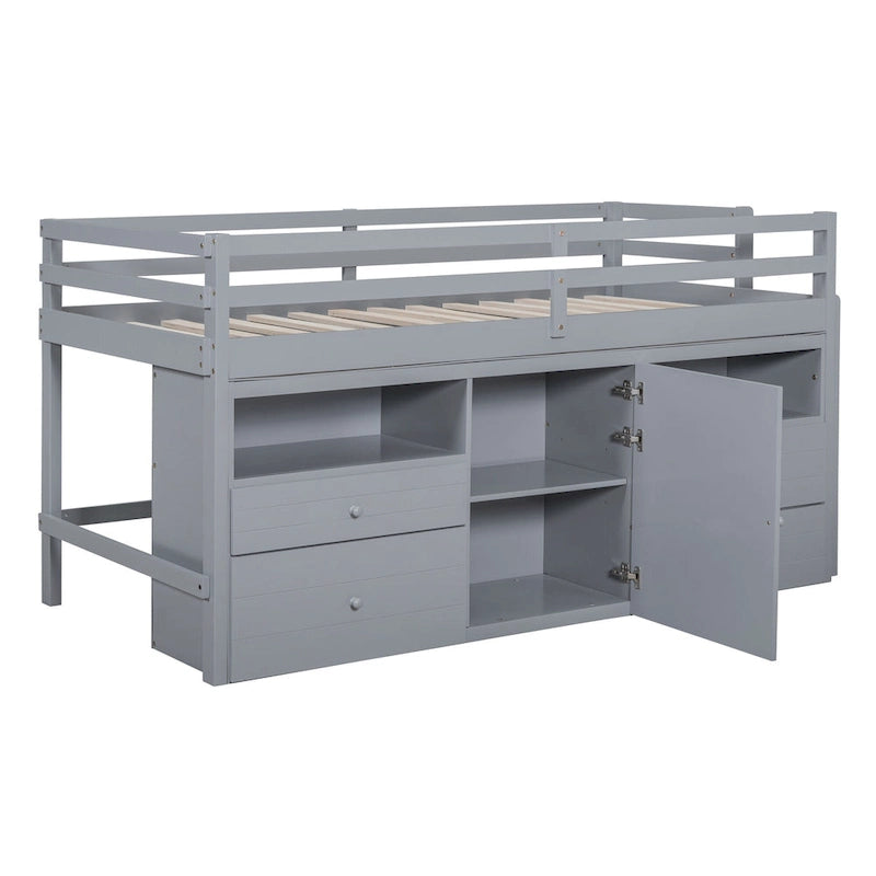 Gray Twin Solid Wood Loft Bed with Drawers & Cabinet