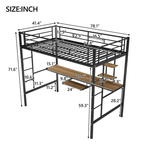 Black Twin Metal Loft Bed with Desk, Shelf and Dual Ladders