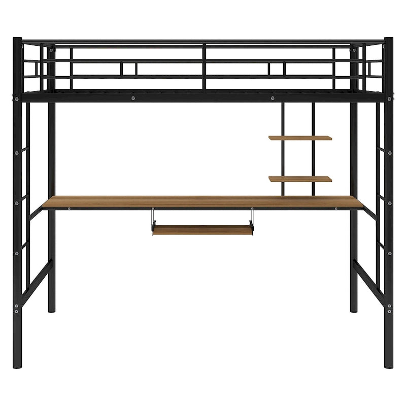 Black Twin Size Metal Loft Bed with Desk and Shelf, Space-Saving Design